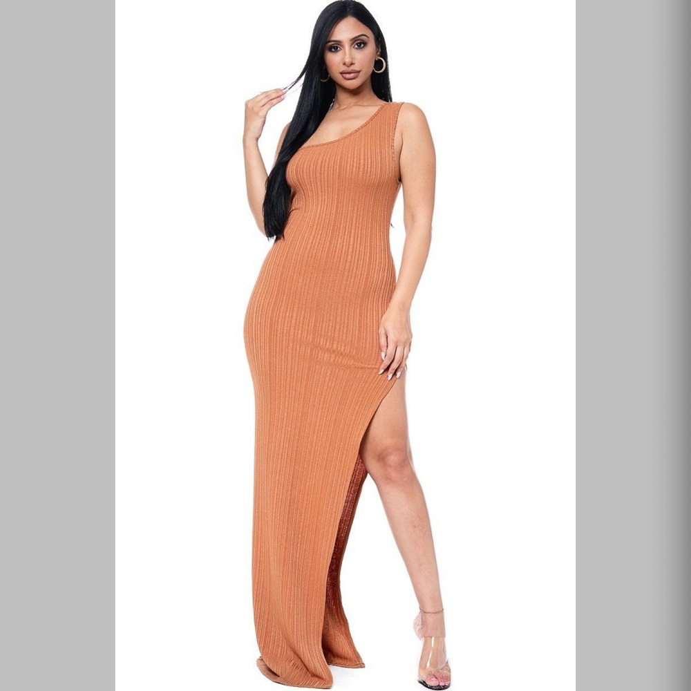 One shoulder Camel Wild Rib Split Maxi Dress